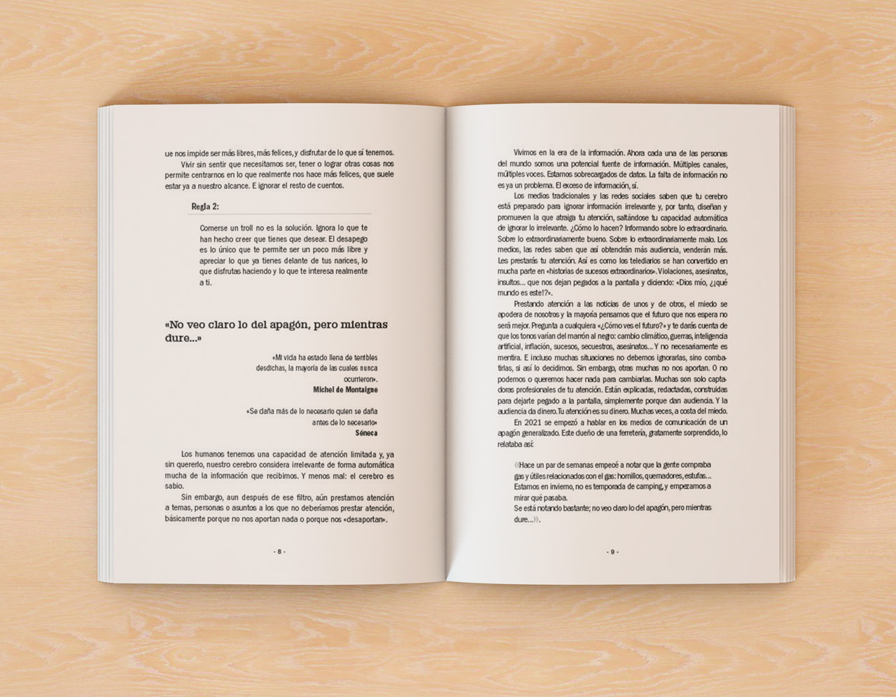 Ejemplo de parte del diseño y maquetación del libro Decide qué Ignorar